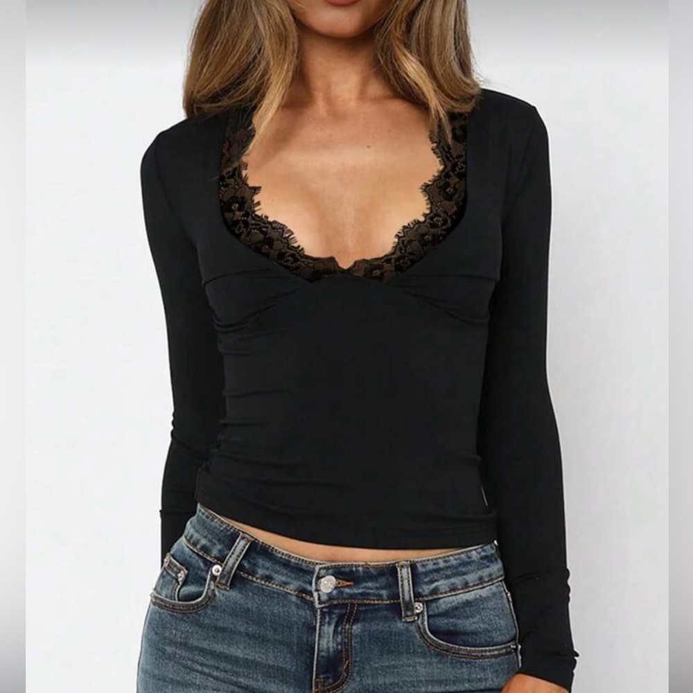 ❥𝗦𝗛𝗘𝗜𝗡: Women’s Lace Trim B-Neck Long Sleeve Top